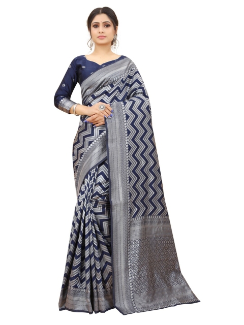 

MOKSHA DESIGNS Navy Blue & Silver-Toned Woven Design Zari Pure Silk Kanjeevaram Saree