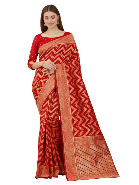 

MOKSHA DESIGNS Red & Gold-Toned Woven Design Zari Pure Silk Kanjeevaram Saree
