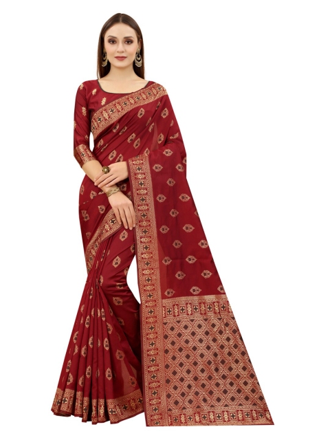 

MOKSHA DESIGNS Maroon & Gold-Toned Woven Design Zari Pure Silk Kanjeevaram Saree