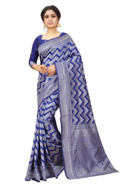 

MOKSHA DESIGNS Blue & Silver-Toned Woven Design Zari Pure Silk Kanjeevaram Saree