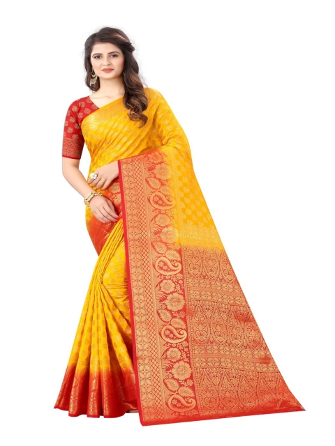 

MOKSHA DESIGNS Yellow & Red Woven Design Zari Pure Silk Kanjeevaram Saree