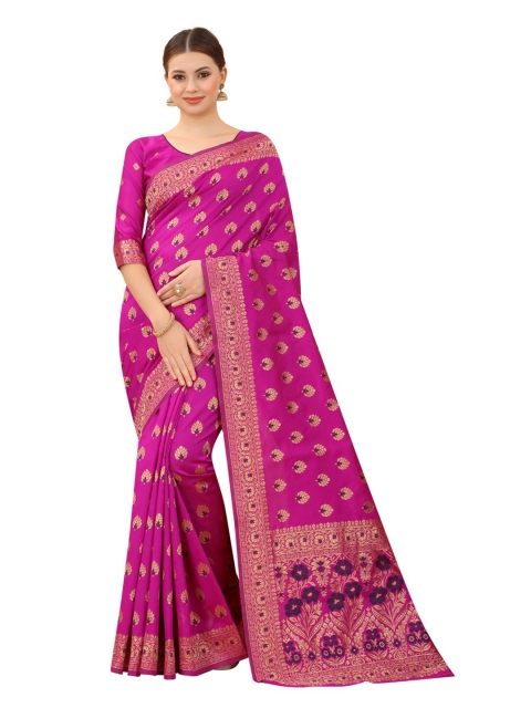 

MOKSHA DESIGNS Pink & Navy Blue Woven Design Zari Pure Silk Kanjeevaram Saree