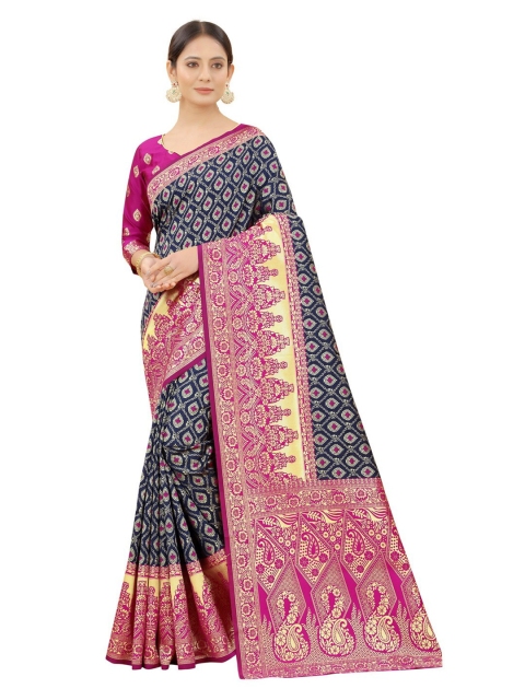 

MOKSHA DESIGNS Navy Blue & Red Woven Design Zari Pure Silk Kanjeevaram Saree