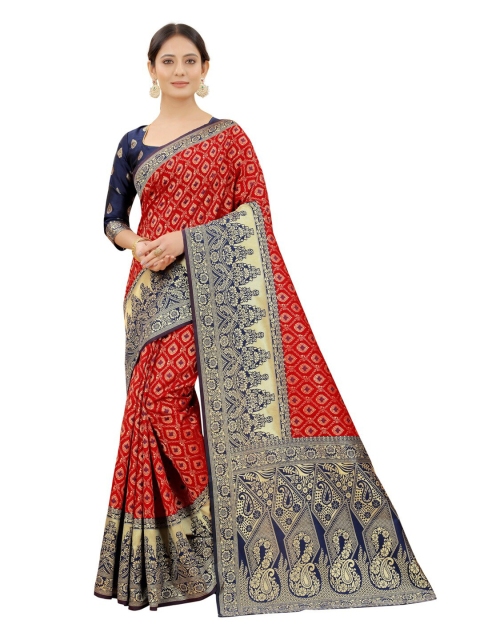

MOKSHA DESIGNS Navy Blue & Red Woven Design Zari Pure Silk Kanjeevaram Saree