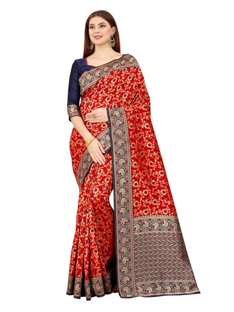 

MOKSHA DESIGNS Navy Blue & Red Woven Design Zari Pure Silk Kanjeevaram Saree