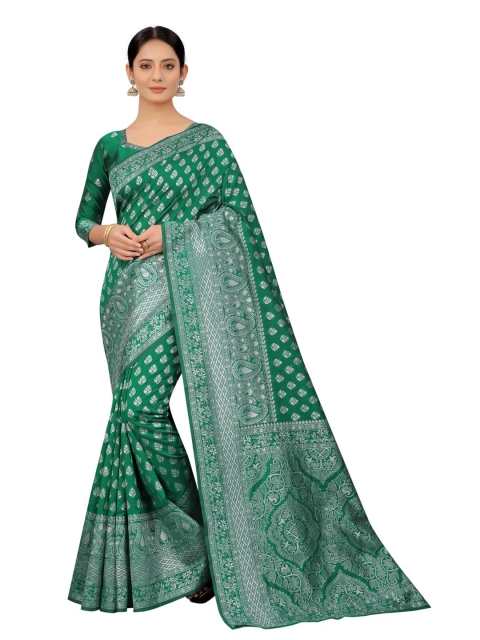 

MOKSHA DESIGNS Green & Silver-Toned Ethnic Motifs Zari Pure Silk Kanjeevaram Saree