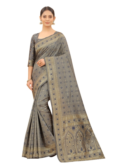 

MOKSHA DESIGNS Grey & Gold-Toned Ethnic Motifs Zari Pure Silk Kanjeevaram Saree