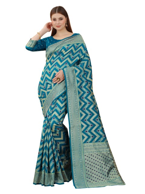 

MOKSHA DESIGNS Turquoise Blue & Gold-Toned Woven Design Zari Pure Silk Kanjeevaram Saree