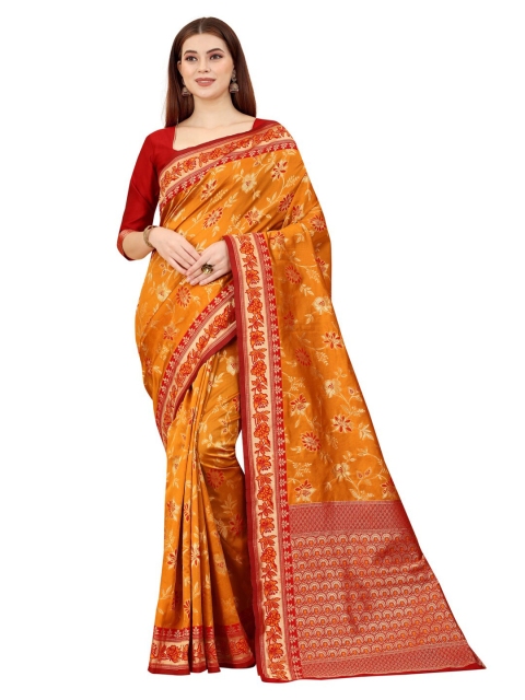 

MOKSHA DESIGNS Gold-Toned & Red Floral Zari Pure Silk Kanjeevaram Saree