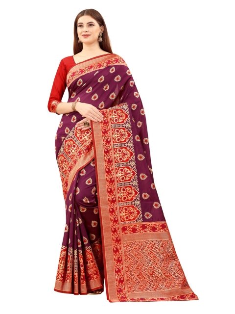 

MOKSHA DESIGNS Burgundy & Red Ethnic Motifs Zari Pure Silk Kanjeevaram Saree
