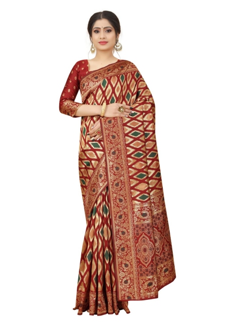 

MOKSHA DESIGNS Maroon & Green Woven Design Zari Pure Silk Kanjeevaram Saree