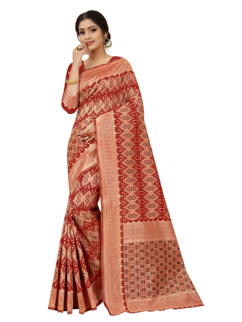 

MOKSHA DESIGNS Maroon & Gold-Toned Woven Design Zari Pure Silk Kanjeevaram Saree