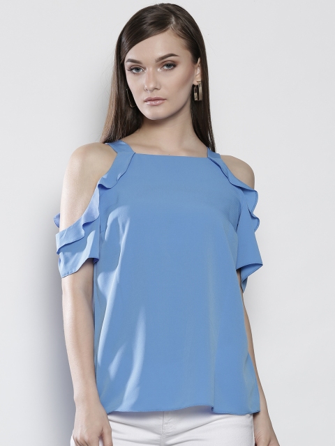 

DOROTHY PERKINS Women Blue Solid Cold Shoulder A-Line Top
