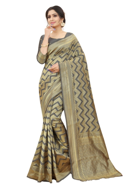 

MOKSHA DESIGNS Grey & Gold-Toned Ethnic Motifs Zari Pure Silk Kanjeevaram Saree