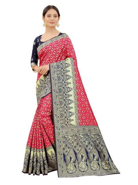 

MOKSHA DESIGNS Pink & Gold-Toned Ethnic Motifs Zari Pure Silk Kanjeevaram Saree