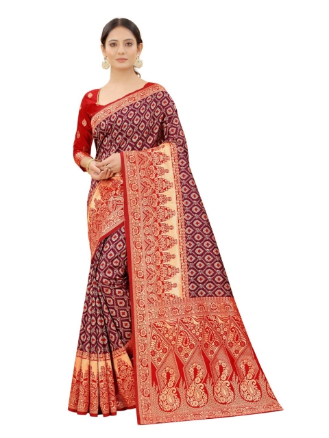 

MOKSHA DESIGNS Burgundy & Red Ethnic Motifs Zari Pure Silk Kanjeevaram Saree