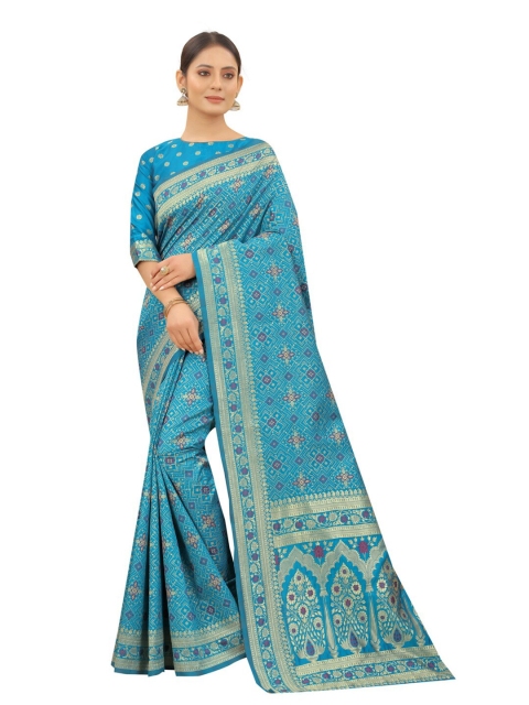 

MOKSHA DESIGNS Turquoise Blue & Gold-Toned Ethnic Motifs Zari Pure Silk Kanjeevaram Saree