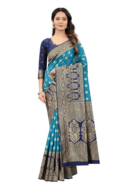 

MOKSHA DESIGNS Blue & Navy Blue Ethnic Motifs Zari Pure Silk Kanjeevaram Saree