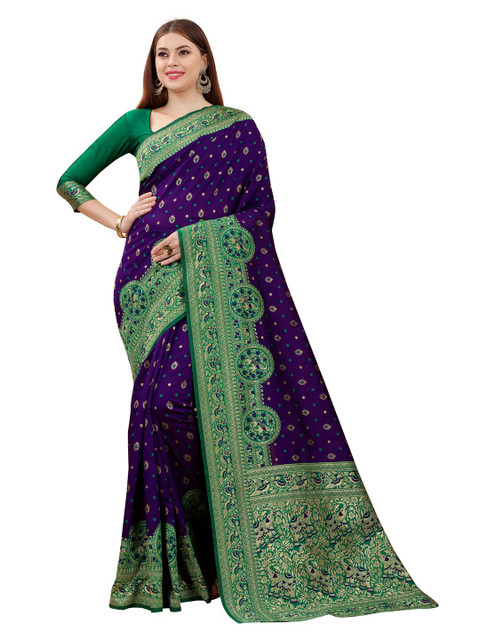 

MOKSHA DESIGNS Purple & Green Ethnic Motifs Zari Pure Silk Kanjeevaram Saree