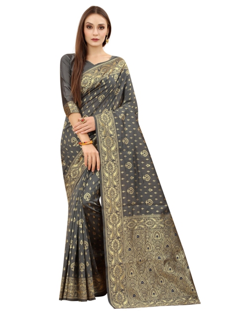 

MOKSHA DESIGNS Grey & Gold-Toned Ethnic Motifs Zari Pure Silk Kanjeevaram Saree