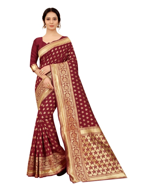 

MOKSHA DESIGNS Maroon & Gold-Toned Ethnic Motifs Zari Pure Silk Kanjeevaram Saree