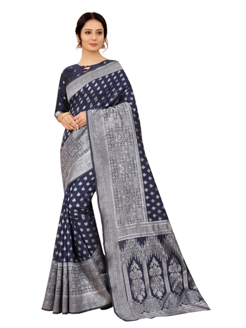 

MOKSHA DESIGNS Navy Blue & Silver-Toned Ethnic Motifs Zari Pure Silk Kanjeevaram Saree