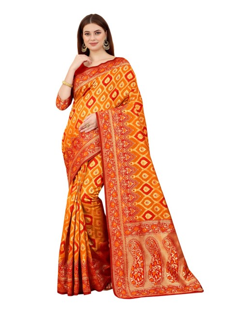 

MOKSHA DESIGNS Red & Gold-Toned Ethnic Motifs Zari Pure Silk Kanjeevaram Saree