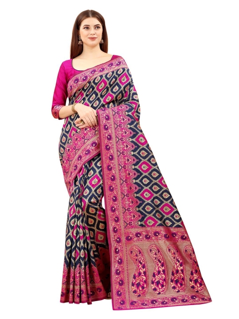

MOKSHA DESIGNS Navy Blue & Red Ethnic Motifs Zari Pure Silk Kanjeevaram Saree