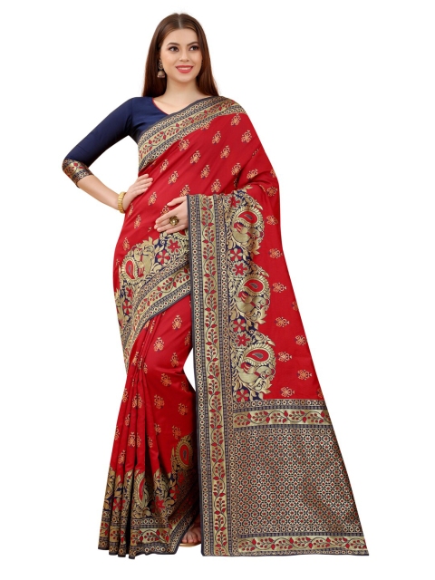 

MOKSHA DESIGNS Red & Navy Blue Ethnic Motifs Zari Pure Silk Kanjeevaram Saree