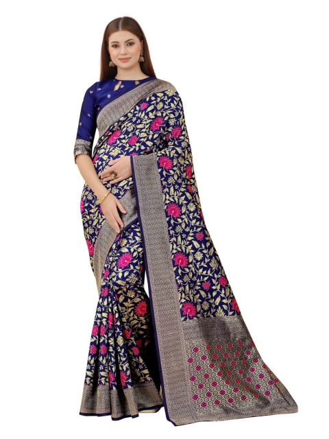 

MOKSHA DESIGNS Blue & Pink Floral Zari Pure Silk Kanjeevaram Saree