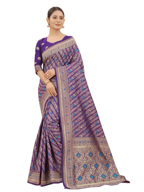 

MOKSHA DESIGNS Purple & Blue Floral Zari Pure Silk Kanjeevaram Saree