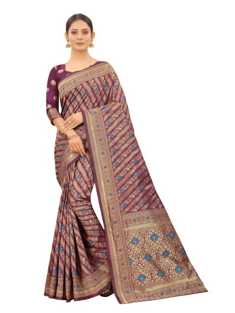 

MOKSHA DESIGNS Burgundy & Blue Floral Zari Pure Silk Kanjeevaram Saree