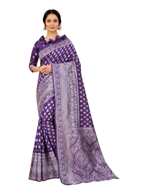 

MOKSHA DESIGNS Purple & Gold-Toned Ethnic Motifs Zari Pure Silk Kanjeevaram Saree
