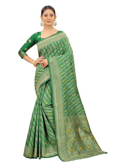 

MOKSHA DESIGNS Green & Gold-Toned Ethnic Motifs Zari Pure Silk Kanjeevaram Saree