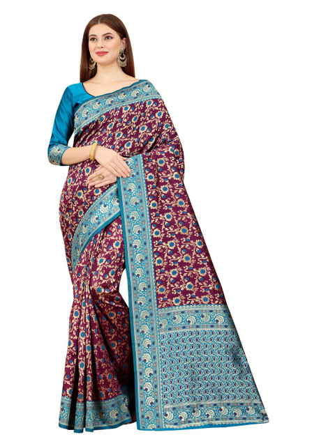 

MOKSHA DESIGNS Burgundy & Turquoise Blue Ethnic Motifs Zari Pure Silk Kanjeevaram Saree