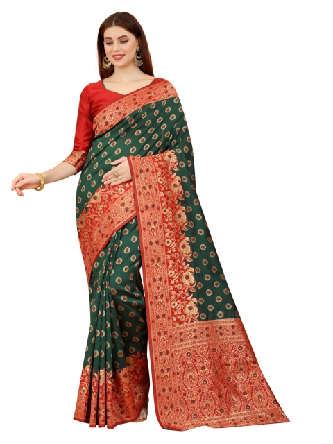 

MOKSHA DESIGNS Green & Red Ethnic Motifs Zari Pure Silk Kanjeevaram Saree