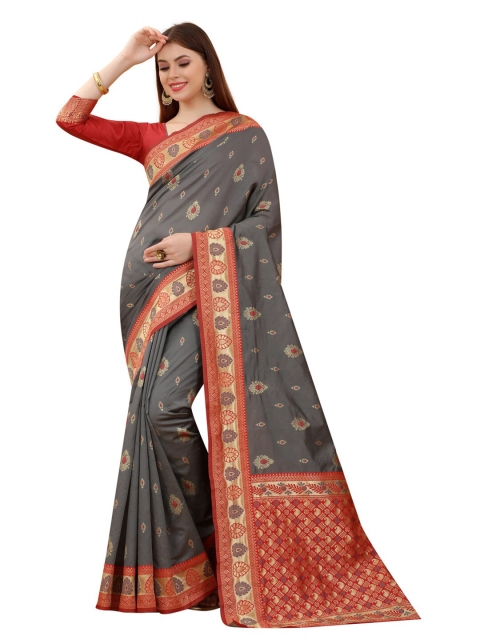 

MOKSHA DESIGNS Grey & Red Woven Design Zari Pure Silk Kanjeevaram Saree