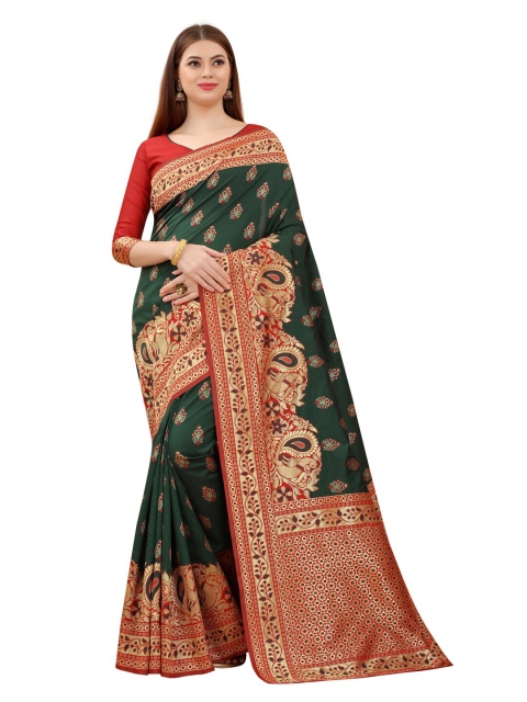 

MOKSHA DESIGNS Green & Red Ethnic Motifs Zari Pure Silk Kanjeevaram Saree