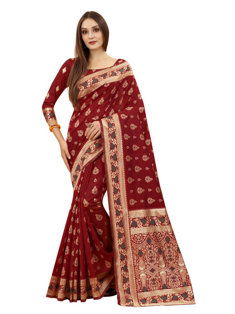 

MOKSHA DESIGNS Maroon & Grey Ethnic Motifs Zari Pure Silk Kanjeevaram Saree
