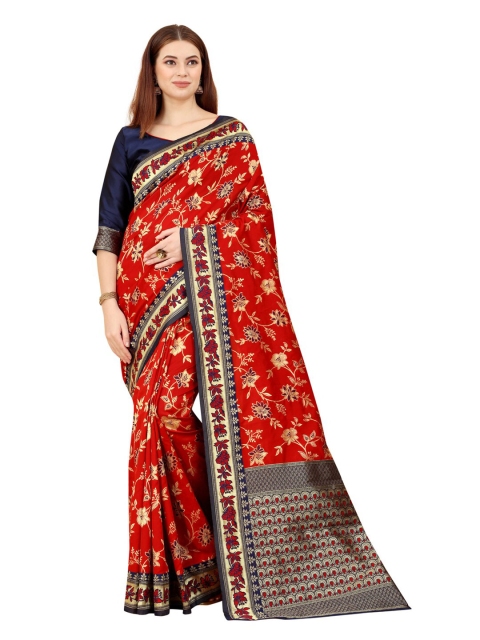 

MOKSHA DESIGNS Red & Navy Blue Ethnic Motifs Zari Pure Silk Kanjeevaram Saree