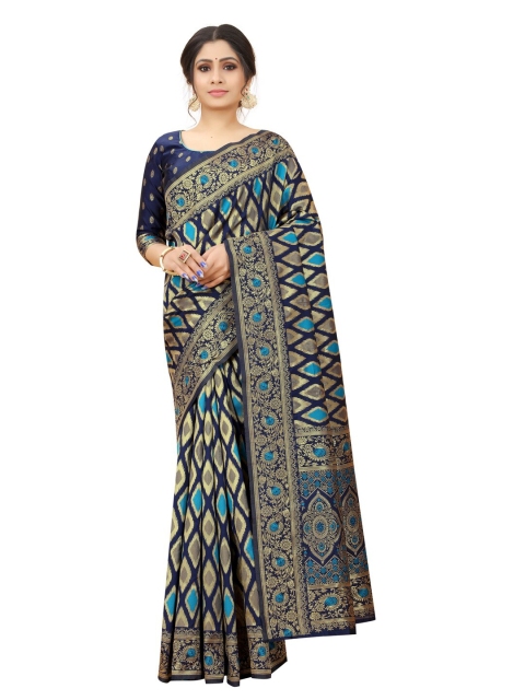 

MOKSHA DESIGNS Navy Blue & Gold-Toned Ethnic Motifs Zari Pure Silk Kanjeevaram Saree
