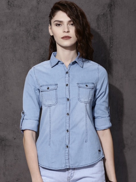 

Roadster Women Blue Regular Fit Faded Denim Shirt