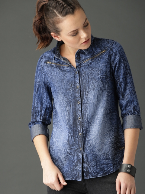 

Roadster Women Blue Regular Fit Faded Denim Shirt
