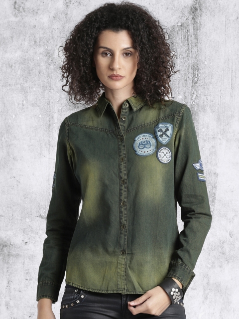

Roadster Women Green Regular Fit Faded Denim Shirt