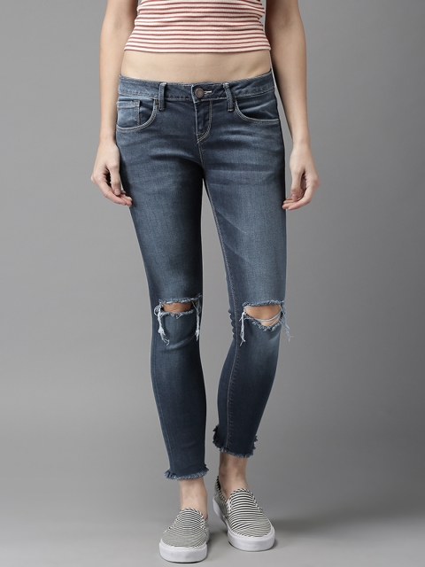 

HERE&NOW Women Ankle Length Mid-Rise Skinny Fit Blue Slash Knee Stretchable Jeans