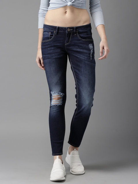 

HERE&NOW Women Cropped Mid-Rise Skinny Fit Blue Low Distress Stretchable Jeans