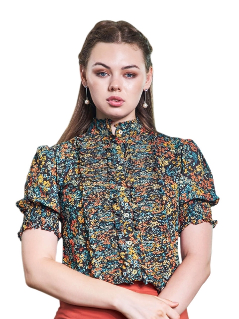 

NEOFAA Women Green Floral Print Georgette Top