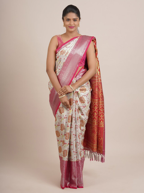 

Pothys Grey & Pink Ethnic Motifs Zari Pure Silk Saree