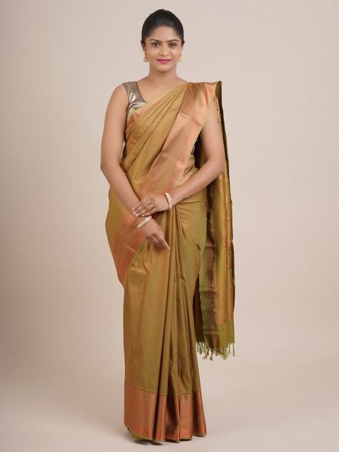 

Pothys Green & Copper-Toned Woven Design Zari Pure Silk Saree