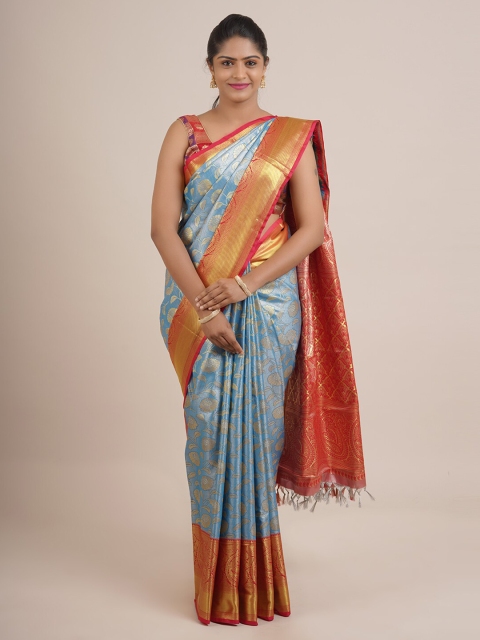 

Pothys Blue & Red Floral Zari Pure Silk Saree